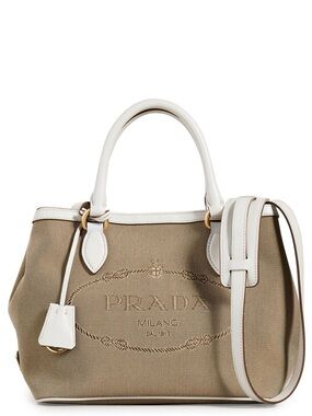 Prada Beige Canvas Tote with White Leather Trim